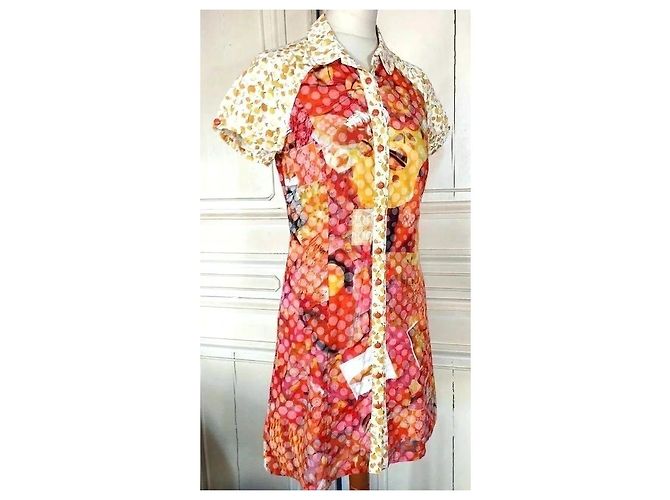 Autre Marque Anatopik Abito Camicia Corto con Stampa Agrumi e Pois Rosa Rosso Multicolore Beige Arancione Giallo - vista 13