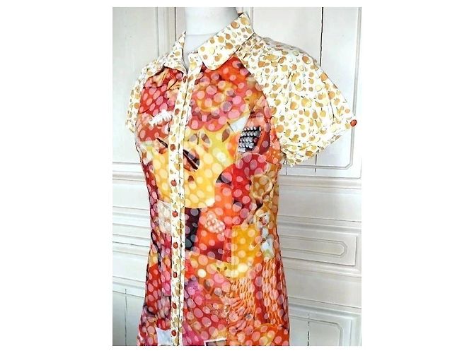 Autre Marque Anatopik Abito Camicia Corto con Stampa Agrumi e Pois Rosa Rosso Multicolore Beige Arancione Giallo - vista 2