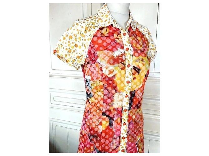 Autre Marque Anatopik Abito Camicia Corto con Stampa Agrumi e Pois Rosa Rosso Multicolore Beige Arancione Giallo - vista 7