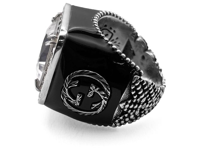Anel GUCCI com detalhe Interlocking e cristais Preto Prata - vista 3