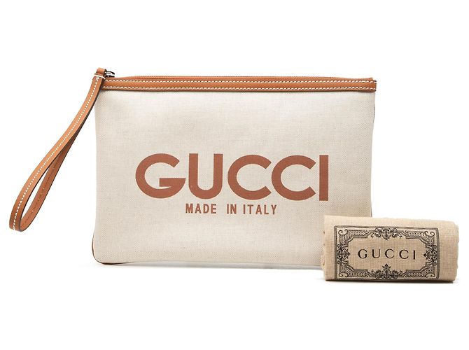 Clutch Gucci in tela beige con logo - vista 7