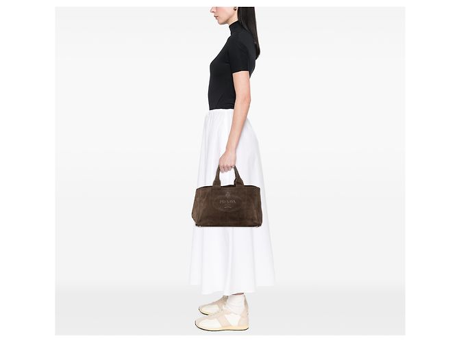 Tote Bag Prada Large in Suede e Canapa Marrone con Logo Marrone scuro - vista 6