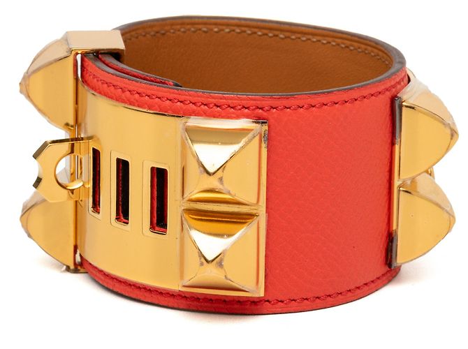 Bracciale Collier de Chien Hermès in Epsom rosso e placcato oro - vista 2