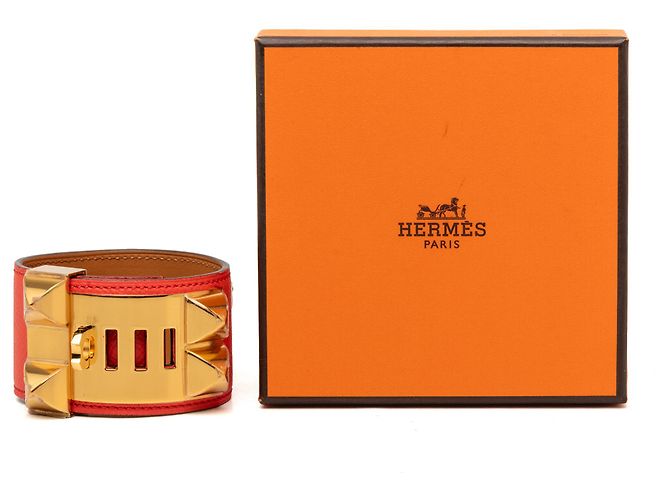 Bracciale Collier de Chien Hermès in Epsom rosso e placcato oro - vista 8