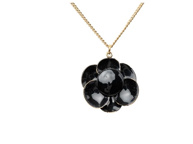Collana con pendente Chanel Black CC placcata oro smalto Camélia Nero - vista 2