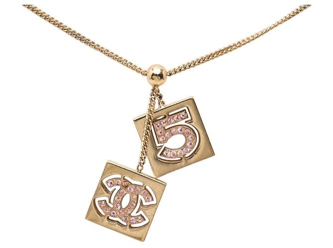 Collana Pendente Chanel Gold CC Placcata Oro Strass No 5 D'oro - vista 2
