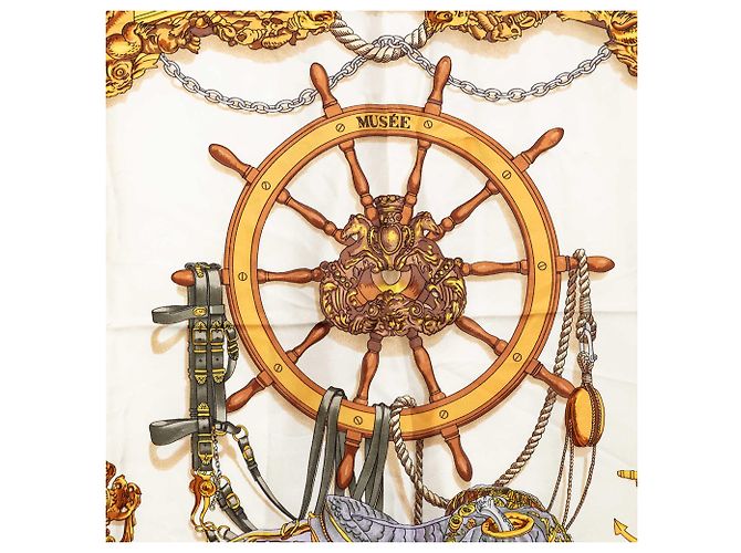 Hermès White Musee Seidentuch 90 Weiß Roh - Ansicht 7