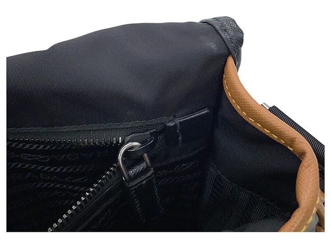 Bolsa de ombro Prada em couro Saffiano e nylon Marrom Preto - vista 12