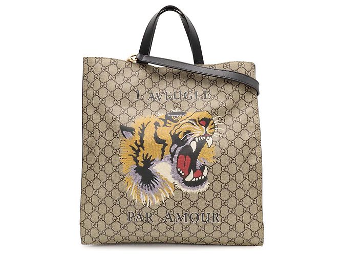 Borsa Tote Gucci GG Supreme Tiger Nero Beige Cachi - vista 2
