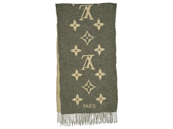 Sciarpa con frange Monogram Louis Vuitton in cashmere grigio - vista 4