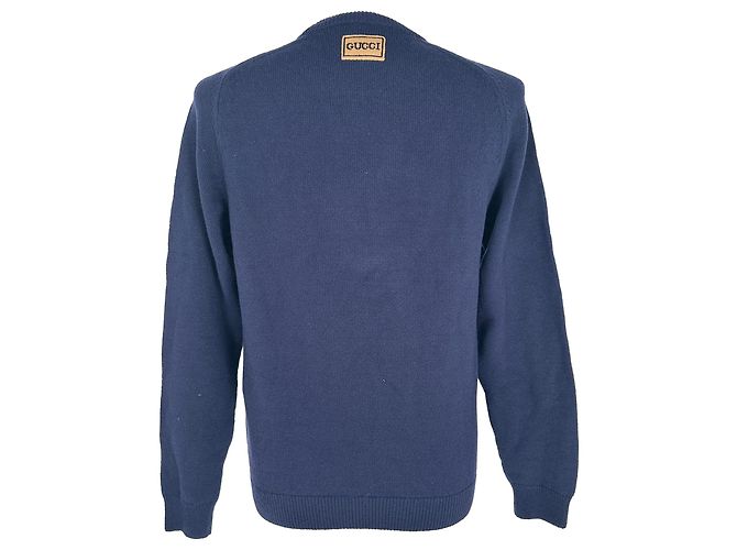Gucci Strickpullover aus Wolle in Navyblau mit besticktem Logo Marineblau - Ansicht 3
