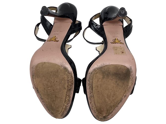 Sandali con tacco T-Strap in pelle verniciata nera con cristalli Prada Nero - vista 8