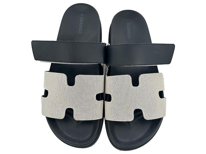 Sandali Hermès Chypre in tela e pelle bianco e nero - vista 3