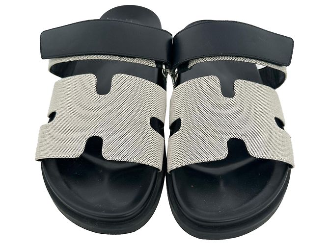 Sandali Hermès Chypre in tela e pelle bianco e nero - vista 4