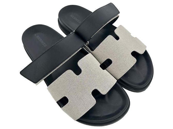 Sandali Hermès Chypre in tela e pelle bianco e nero - vista 6