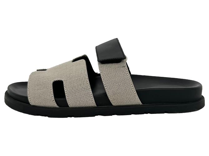 Sandali Hermès Chypre in tela e pelle bianco e nero - vista 7