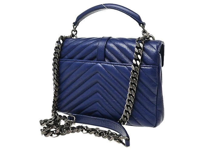 Autre Marque Saint Laurent Classic Monogram College Matelasse Chevron Leather Mini Blu - vista 2