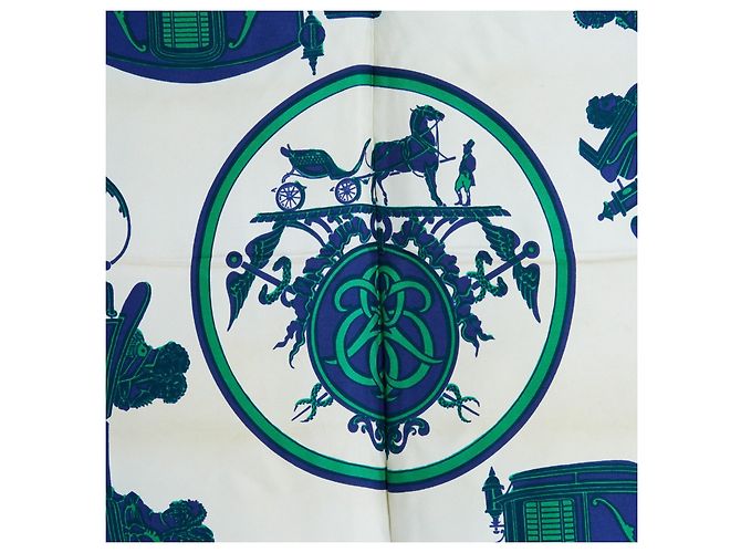 Hermès Ex Libris 90 Seidenschal Grün Weiß Blau - Ansicht 2