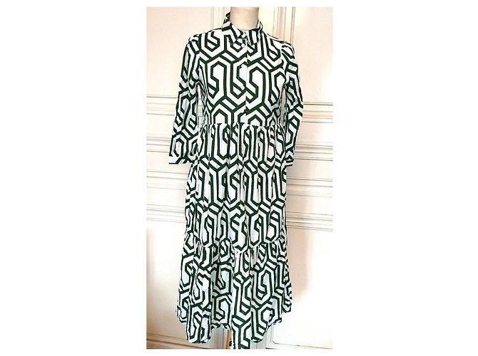 Alain Manoukian Vestido Longo Manoukian Folk em Algodão Estampado Branco Verde - vista 10