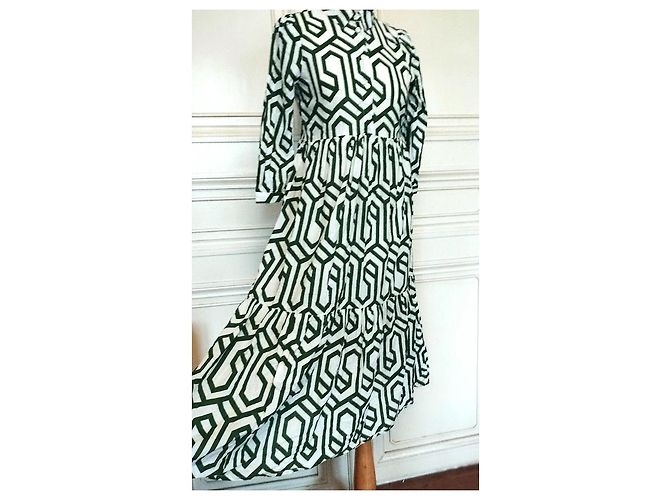 Alain Manoukian Vestido Longo Manoukian Folk em Algodão Estampado Branco Verde - vista 16