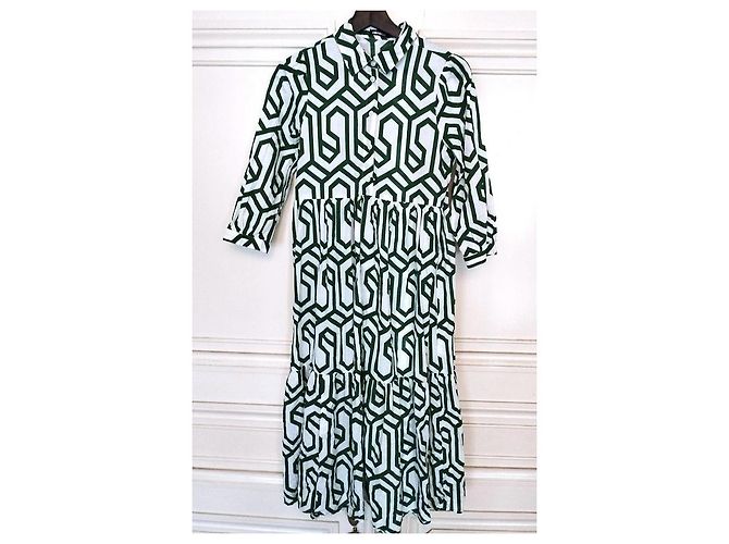 Alain Manoukian Vestido Longo Manoukian Folk em Algodão Estampado Branco Verde - vista 3