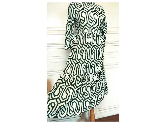 Alain Manoukian Vestido Longo Manoukian Folk em Algodão Estampado Branco Verde - vista 6