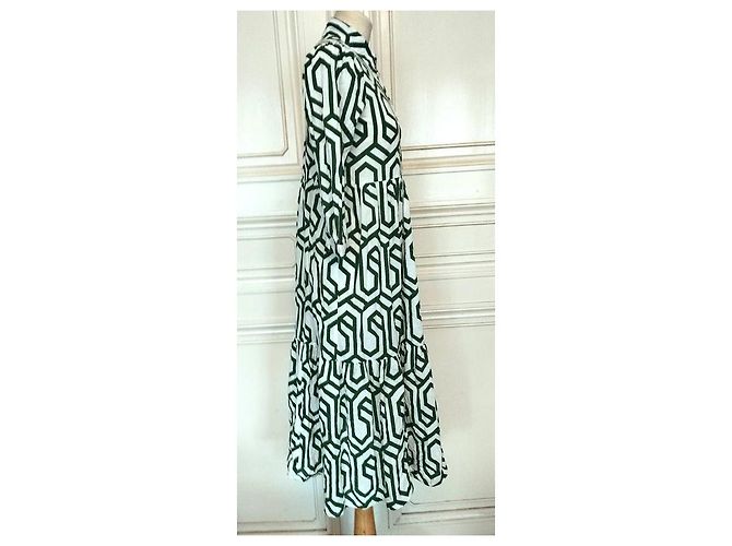 Alain Manoukian Vestido Longo Manoukian Folk em Algodão Estampado Branco Verde - vista 9