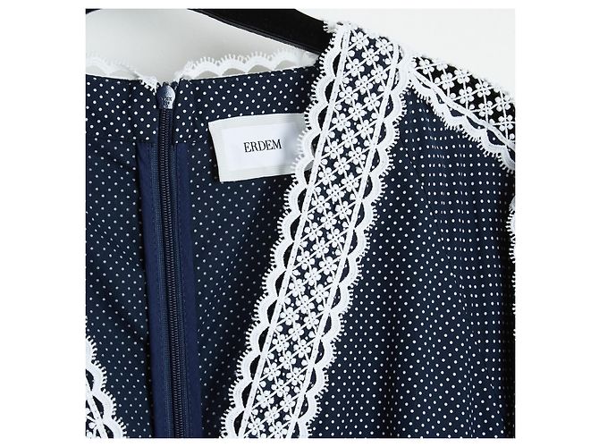 Abito Lungo Erdem Magdalene in Cotone Blu Navy a Pois Bianco - vista 2