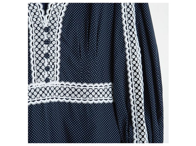 Abito Lungo Erdem Magdalene in Cotone Blu Navy a Pois Bianco - vista 3