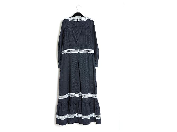 Abito Lungo Erdem Magdalene in Cotone Blu Navy a Pois Bianco - vista 5