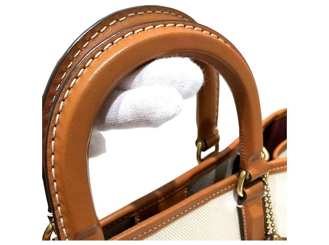 Saco tote Coach bege de couro e lona - vista 7