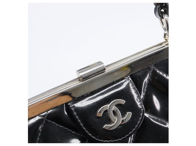 Borsa a mano CHANEL Matelasse Pelle verniciata Nero Argento CC Auth 201536V - vista 16