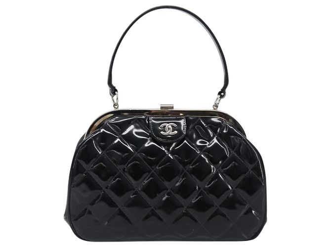 Borsa a mano CHANEL Matelasse Pelle verniciata Nero Argento CC Auth 201536V - vista 2