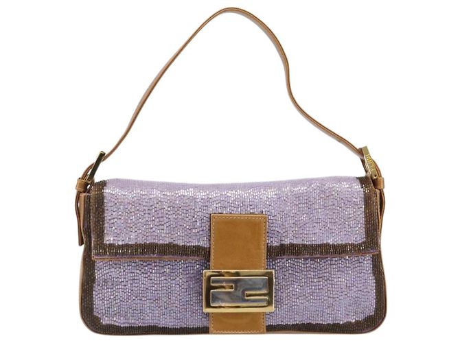 Borsa a tracolla FENDI Mamma Baguette in pelle con perline Viola Oro Auth 194784SM D'oro Porpora - vista 13