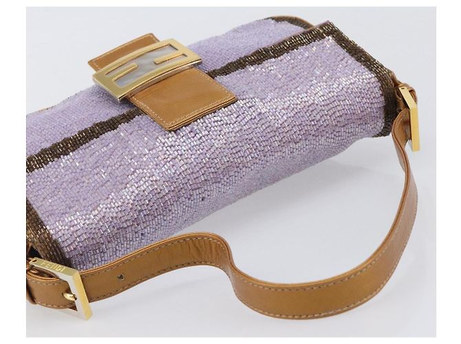 Borsa a tracolla FENDI Mamma Baguette in pelle con perline Viola Oro Auth 194784SM D'oro Porpora - vista 14