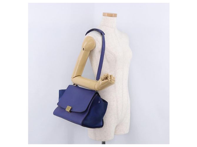 Céline Borsa a mano CELINE Trapeze in pelle scamosciata 2way Blu Oro Auth 203775A D'oro - vista 33