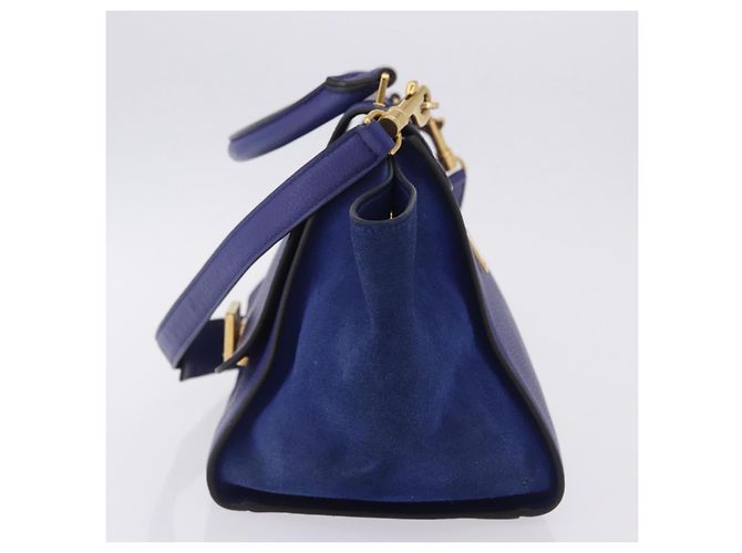 Céline Borsa a mano CELINE Trapeze in pelle scamosciata 2way Blu Oro Auth 203775A D'oro - vista 4
