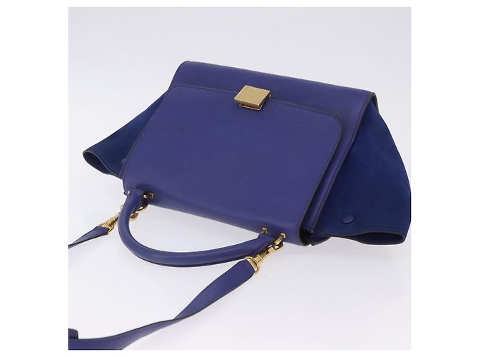 Céline Borsa a mano CELINE Trapeze in pelle scamosciata 2way Blu Oro Auth 203775A D'oro - vista 6