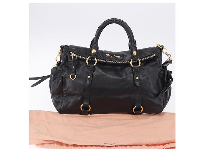 Bolsa de Mão Miu Miu em Couro 2way Preta Dourada Auth 203798V Preto Dourado - vista 12