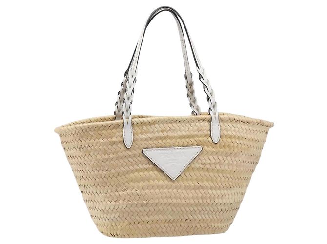 Borsa Tote PRADA in palma intrecciata Raffia Beige Auth 203649M - vista 13