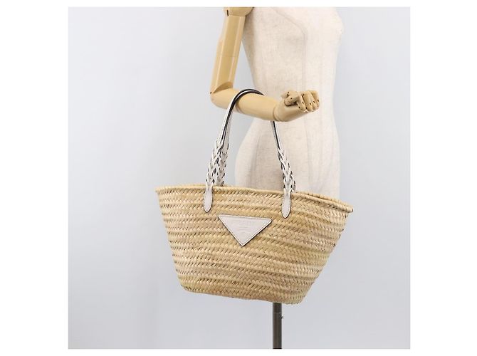 Borsa Tote PRADA in palma intrecciata Raffia Beige Auth 203649M - vista 21