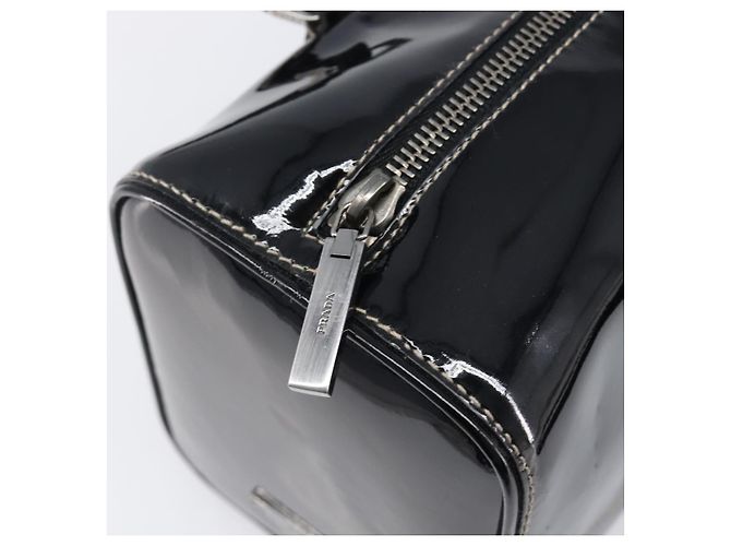 Bolsa de mão PRADA Couro envernizado Black Silver Auth 204066A Preto Prata - vista 10