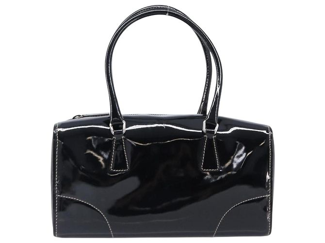 Bolsa de mão PRADA Couro envernizado Black Silver Auth 204066A Preto Prata - vista 13