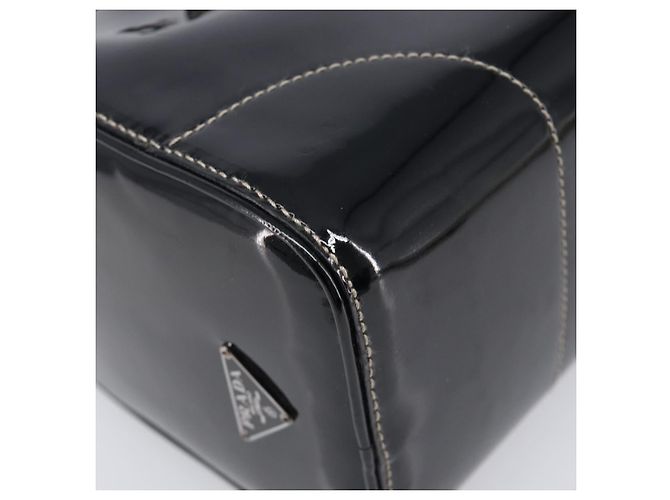 Bolsa de mão PRADA Couro envernizado Black Silver Auth 204066A Preto Prata - vista 14