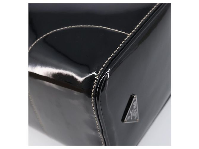 Bolsa de mão PRADA Couro envernizado Black Silver Auth 204066A Preto Prata - vista 15