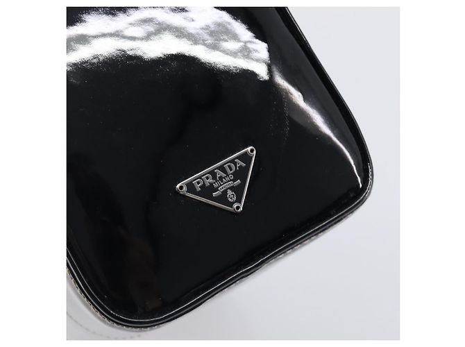 Bolsa de mão PRADA Couro envernizado Black Silver Auth 204066A Preto Prata - vista 17