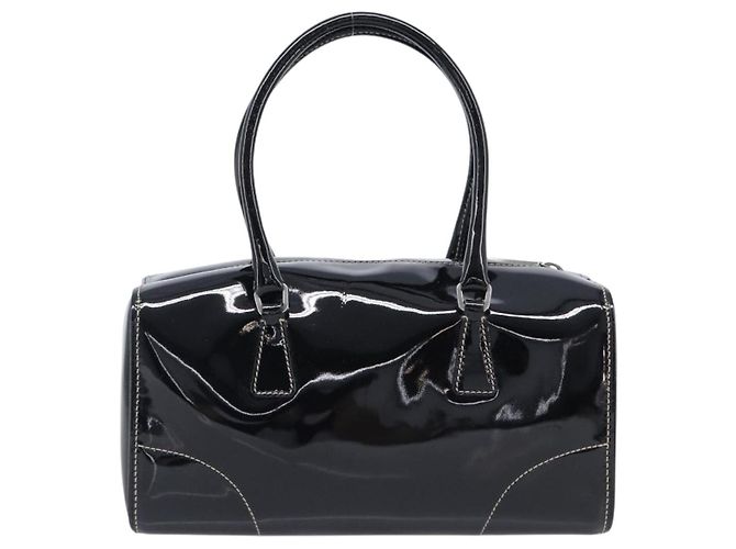 Bolsa de mão PRADA Couro envernizado Black Silver Auth 204066A Preto Prata - vista 2