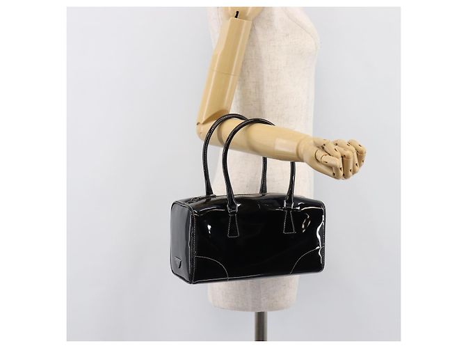Bolsa de mão PRADA Couro envernizado Black Silver Auth 204066A Preto Prata - vista 23