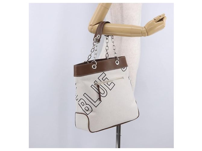 BURBERRY Blue Label Chain Tote Bag Canvas Weiß Silber Auth 204369 - Ansicht 27