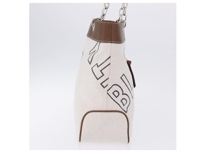 BURBERRY Blue Label Chain Tote Bag Canvas Weiß Silber Auth 204369 - Ansicht 4